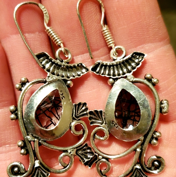 New Black Rutile Quartz 925 Silver Statement Earrings. - Picture 8 of 8
